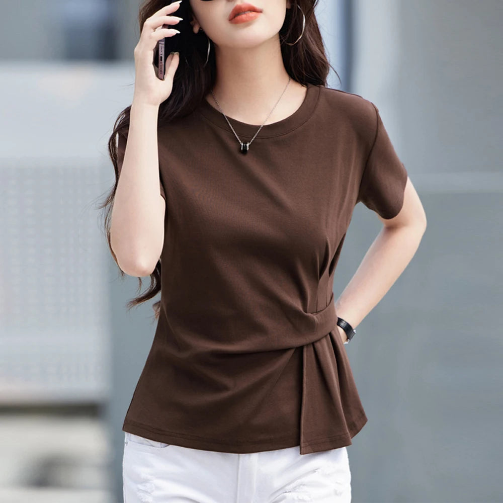 Wine red short sleeved T-shirt for women's summer new high-end cotton fashion plus size irregular round neck casual top