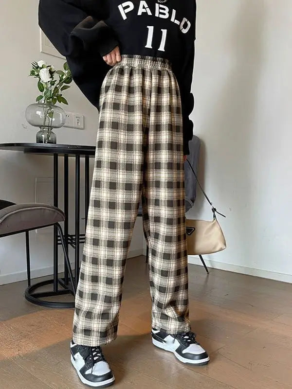Summer Thin Plaid Pants Women Casual Loose Wide Leg Trousers Korean Style High Waist Hip-hop Streetwear Straight thin Pants