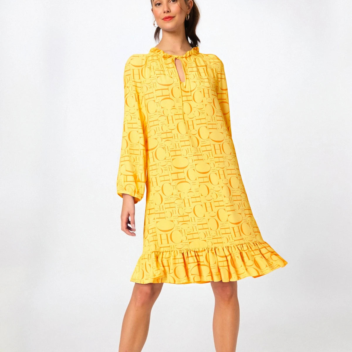 Chch Women's Dress 2025 Spring New Light Yellow Printed Long Sleeve Dress Loose Edition Dress