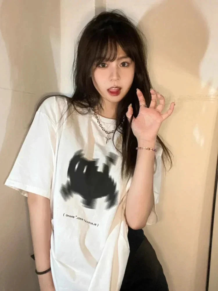 Korean Fashion Womens T-Shirts Black Cat Pixel Cartoons Printing Tops Comfortable Soft O-Neck Loose Short Sleeve Female Clothes