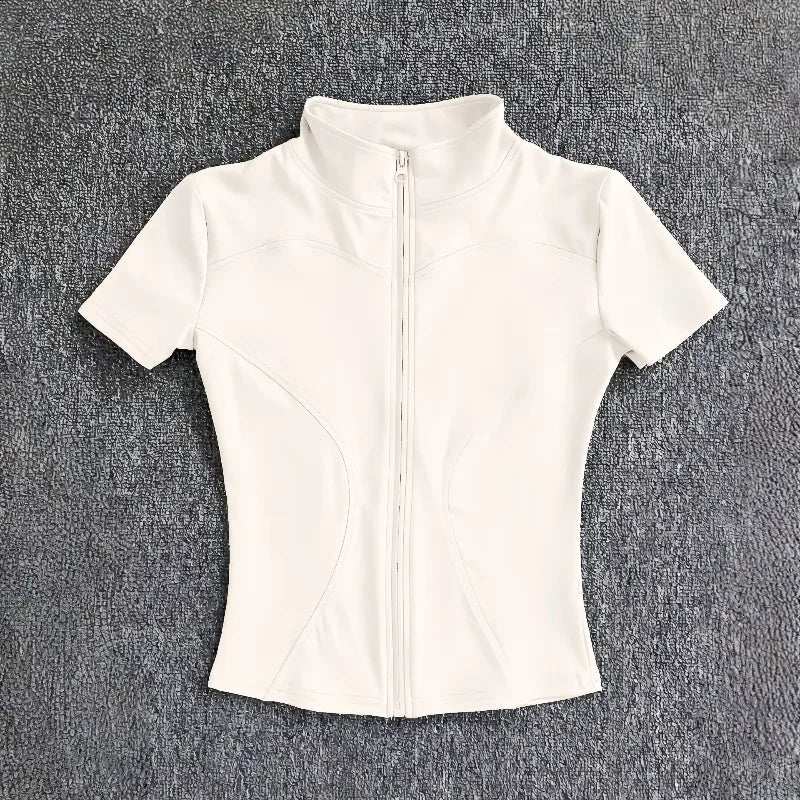 Women's Solid Color Slim T-Shirt Summer Quick-drying Stand Collar Zipper Short Sleeves Yoga Shirts Fashion Female Top