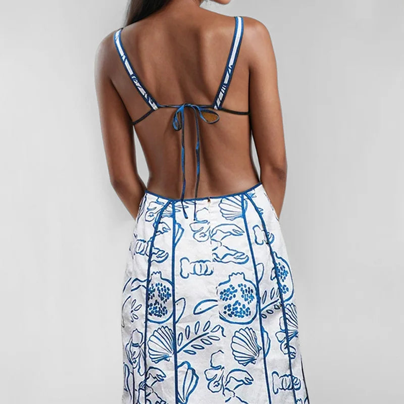 2025 New Summer Elegant Women Printed Maxi Dress Fashion Sexy Backless V-Neck Bandage Tank Dress Lady Party Sleeveless Vestidos