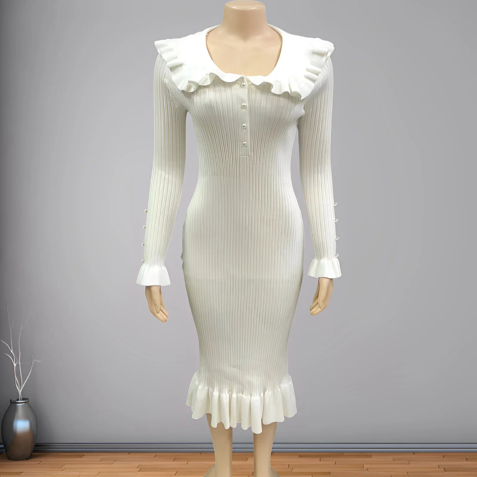 2024 New Autumn Winter Elegant Women Knit Maxi Dress Ruffled Patchwork Pearl button Ribbed Sleeve Party Bodycon Long Dress