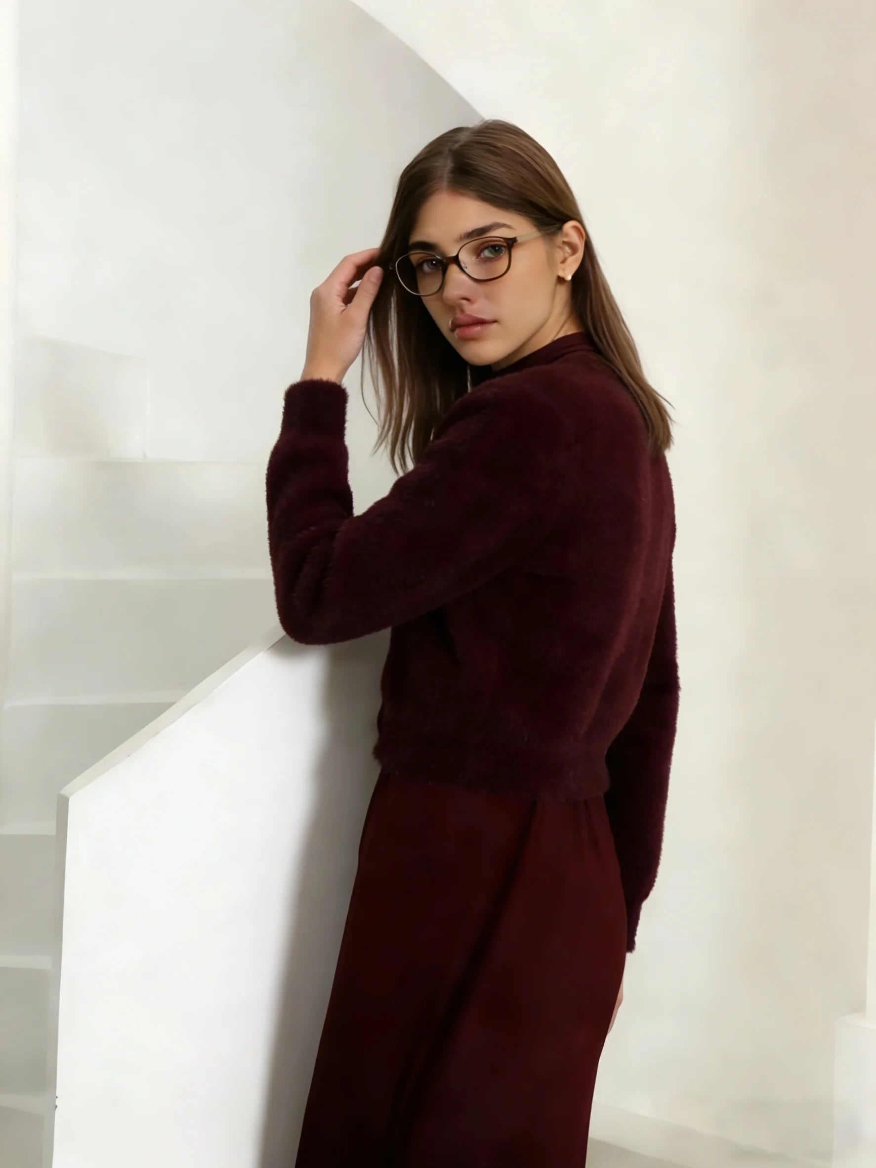 2026 Autumn Winter Women Wine Red Thick Warm Coat Long Sleeve V-neck Soft Fleece Jacket Precious Bright diamond button Warm Wear