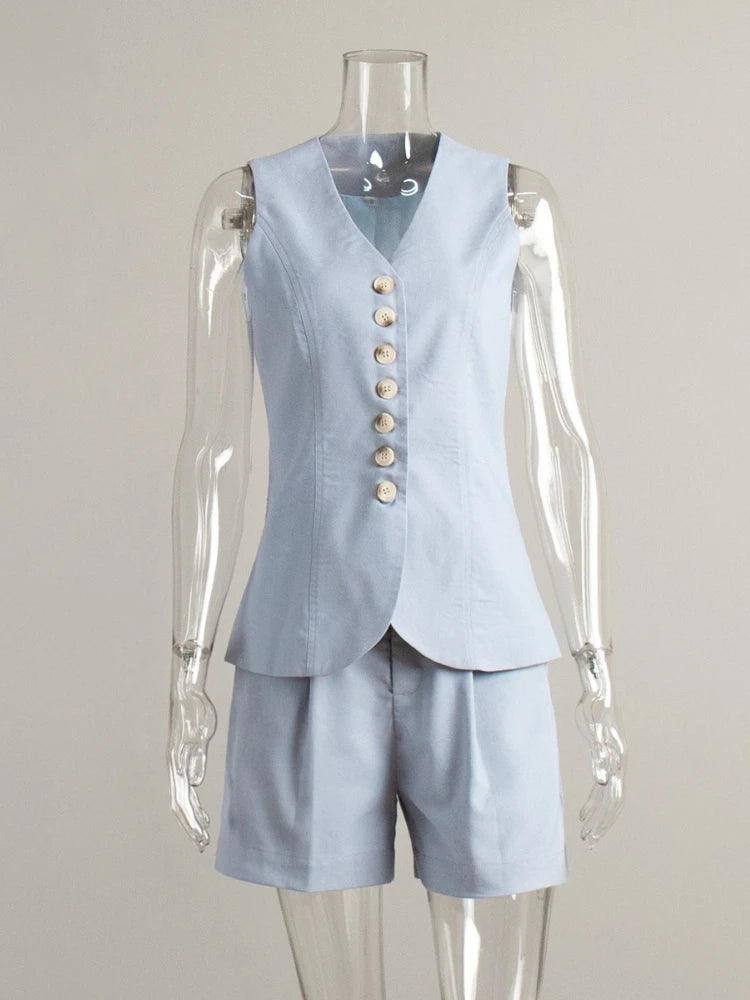 2025 Summer Fashion Two-piece Set Casual Cotton Linen Vest Shorts Set Women Single Breasted V-neck Tops High Waist Short Pants