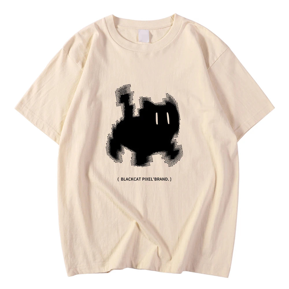 Korean Fashion Womens T-Shirts Black Cat Pixel Cartoons Printing Tops Comfortable Soft O-Neck Loose Short Sleeve Female Clothes