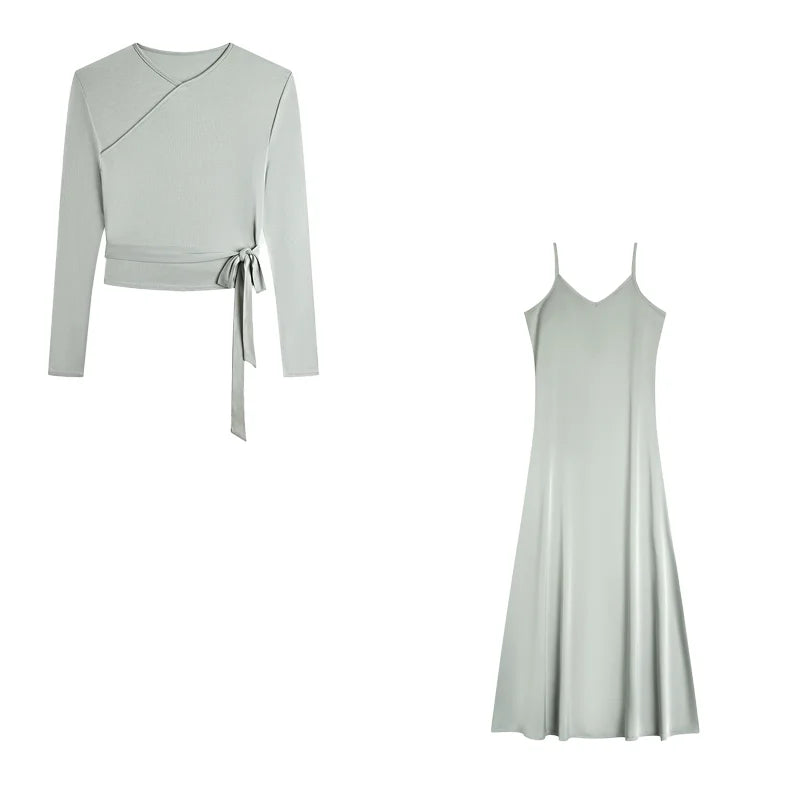 New Autumn Woman Long Sleeve Dress Suit Solid Color Tie With Bow Top And Milk Silk knit Suspenders Dress Elegant Female Outwear