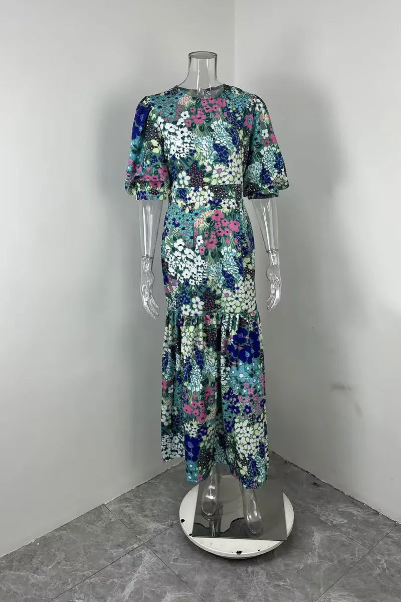 VEITCHE Summer Elegant Women Blue Flower Print Dress Lantern Sleeve And Ankle  Slim Bodycon O-neck Pastoral Style Party Dress