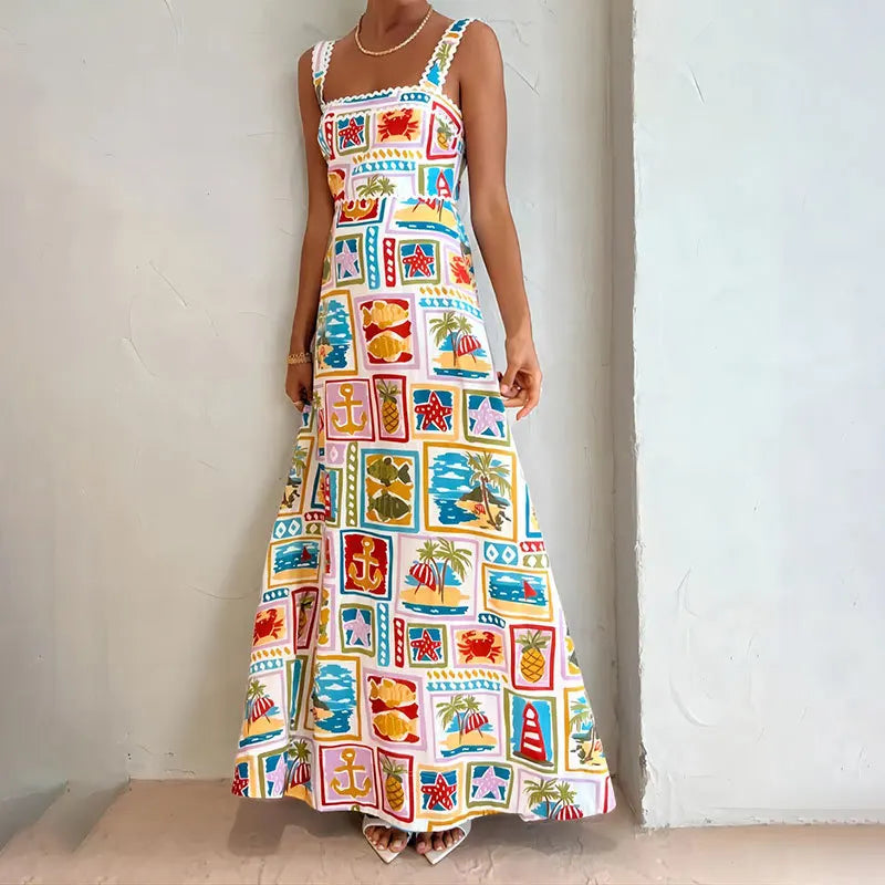 VEITCHE Fruit Plant Print Holiday Women Dress High Waist Slim Sleeveless Beach A-line Suspended Dress Square Collar Summer 2025