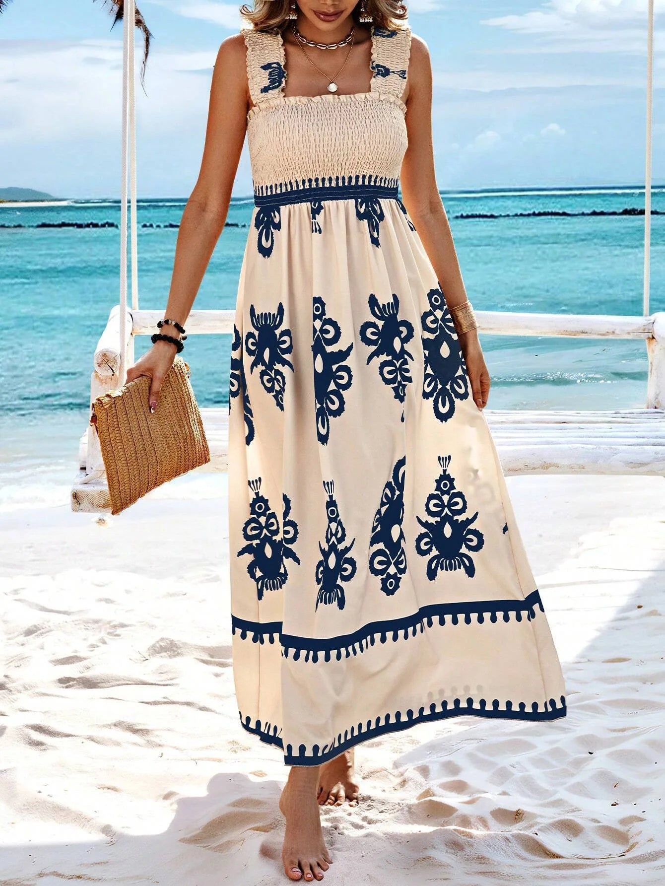 VEITCHE Summer Vacation Style Women Dress Fashionable Printed Sexy Sleeveless Strap Casual Comfortable Beach Long Sundress