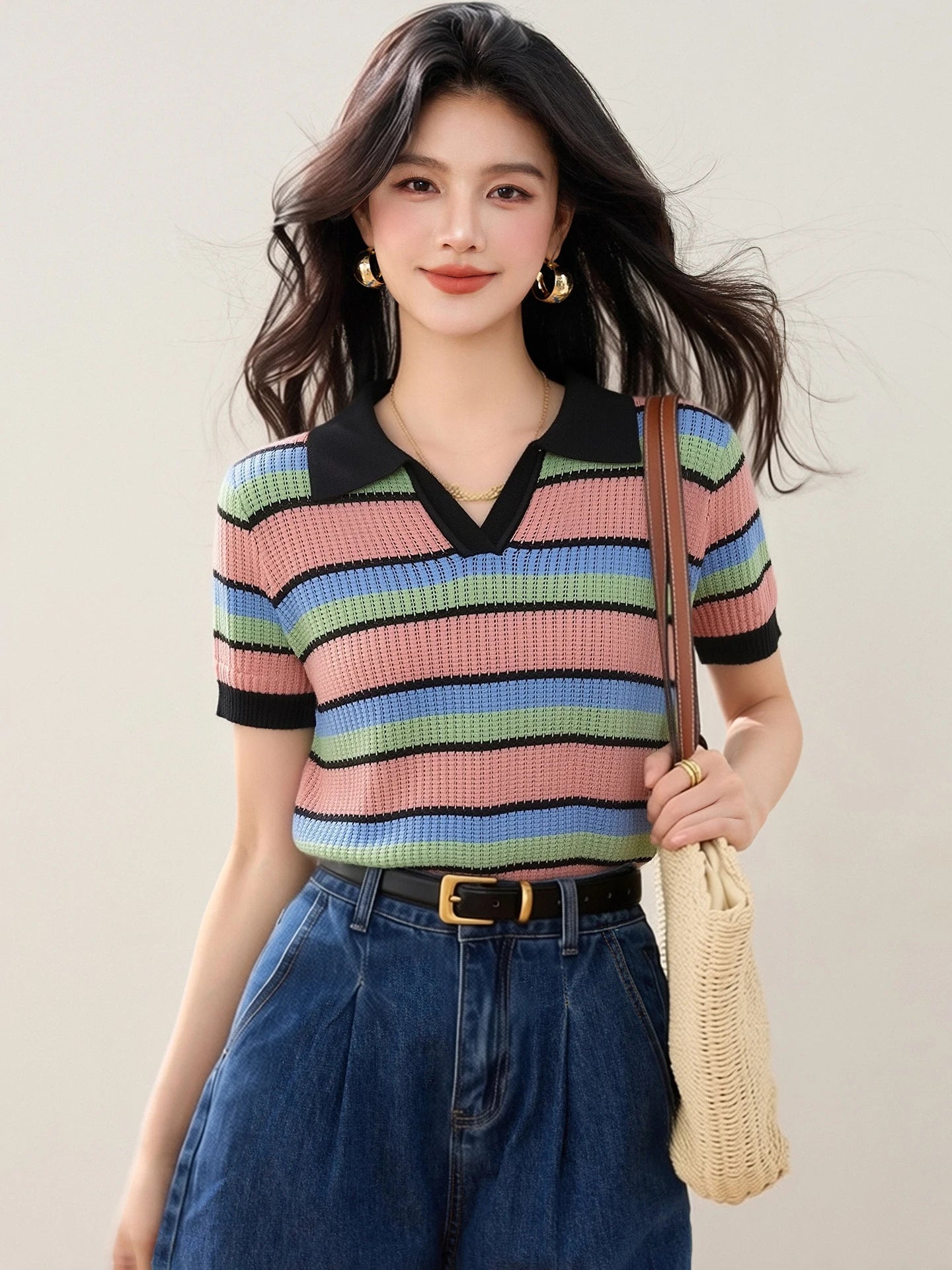 Color-block Striped V-neck Sweet Chic Cropped Top, Women's Fashion Casual Polo Shirt, Korean Style Trendy Casual Women's T-shirt