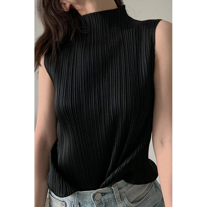 Miyake Pleated Elegant Fashion Temperament Solid Color Half High Neck Sleeveless Women's Vest 2023 Summer New Breathable Top