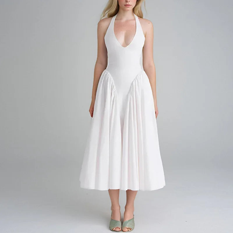 Summer French Style Women Party Dress Socialite Deep V Neck Long Dress Sexy Halter Gathered Waist Slim Fit Solid color Gown