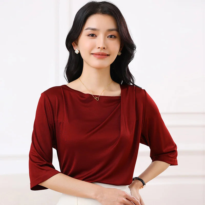 Summer Triacetate Women'S T-Shirt With Three-Quarter Sleeves Silky And Cool Short-Sleeved Asymmetrical Off-Shoulder Design