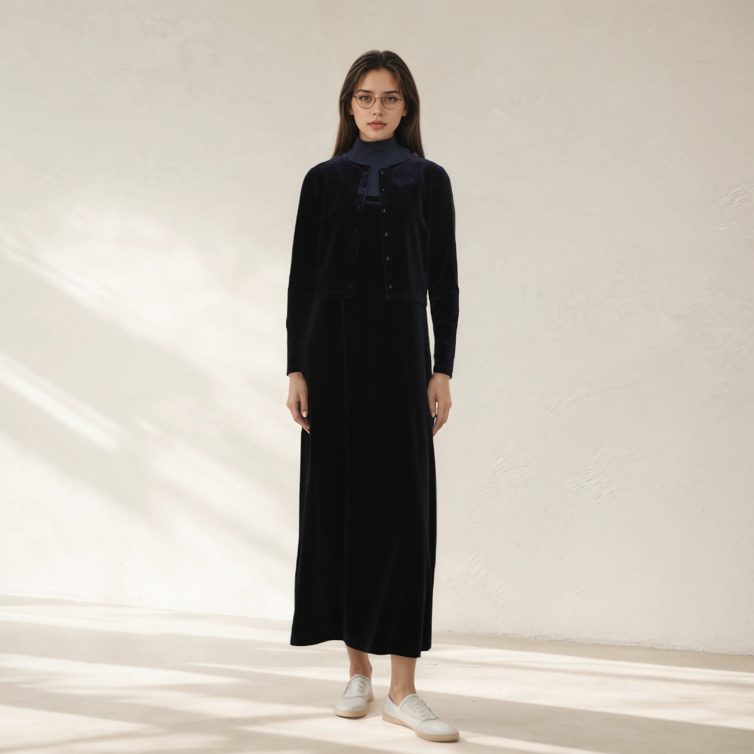 Autumn Winter Fleece Fabric Women Long Sleeve Dress Suit Solid Suspenders Long Dress Single-breasted Cardigan Female Casual Set