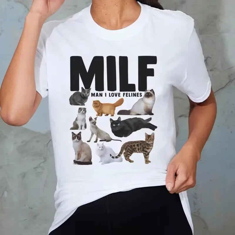 MILF Man I Love Felines Women Funny Meme T Shirt Casual Short Sleeve Cat Lover Tshirt Female