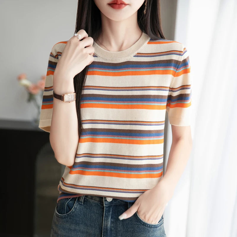 Women's summer new 100% pure cotton knitted short sleeved casual striped T-shirt loose round neck top fashionable pullover