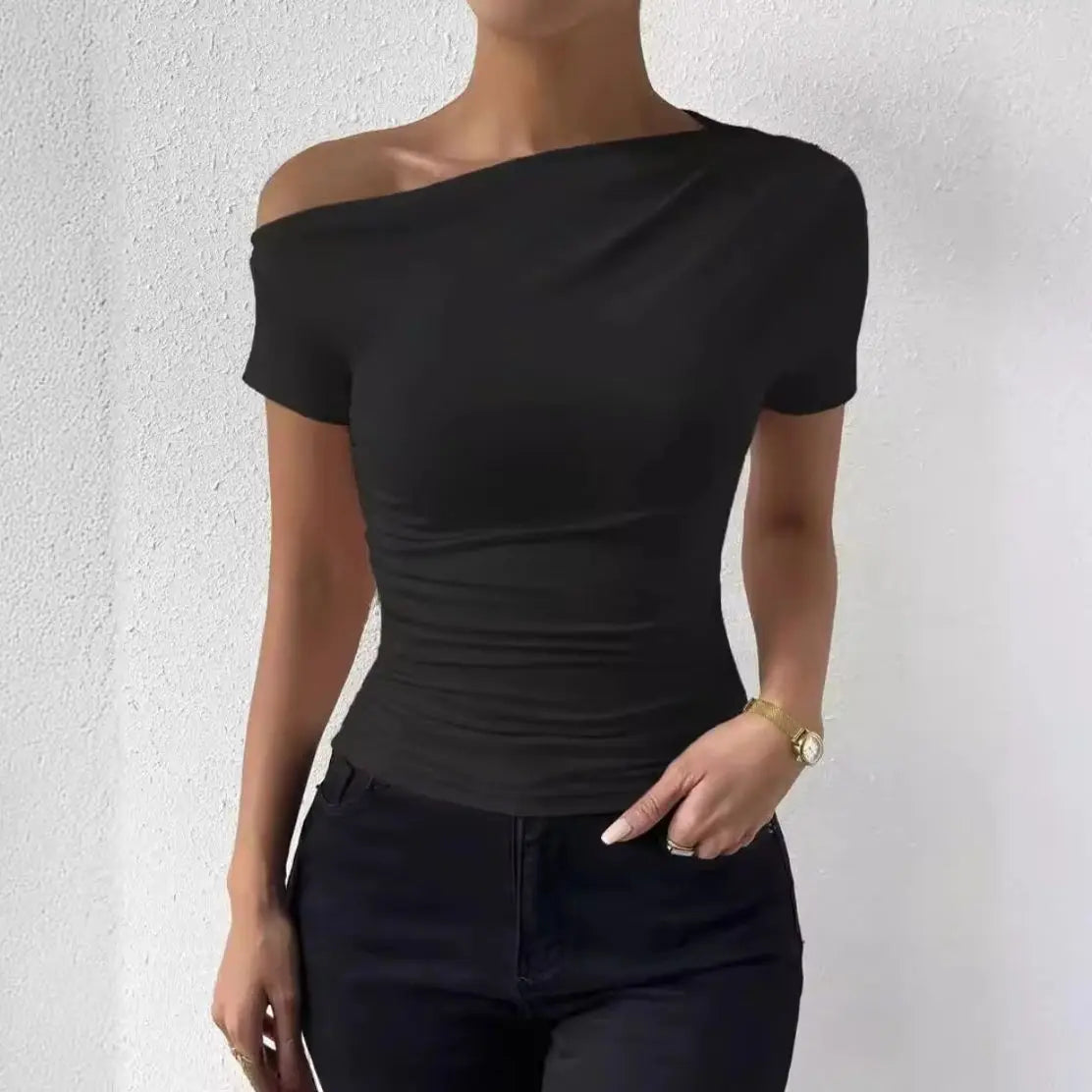 2026 New Women's Off-Shoulder Pleated Top Summer Y2K Sexy Crew Neck Short Sleeve Fashionable Elegant Slim-Fit Top