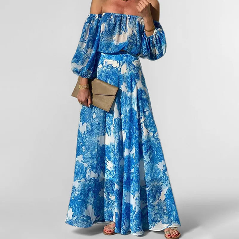 VEITCHE Summer Sexy Off Shoulder Women Long Dress Vacation Style Blue Printed High Waist Bubble Sleeve Sexy Maxi Dresses