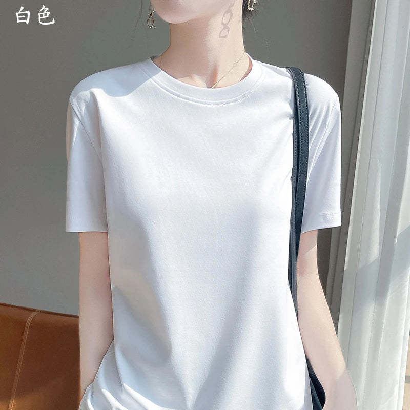 Summer Round Neck Cotton Short-Sleeved Women's T-Shirt Loose Pure Casual Top Mercerized Cotton Bottoming Shirt