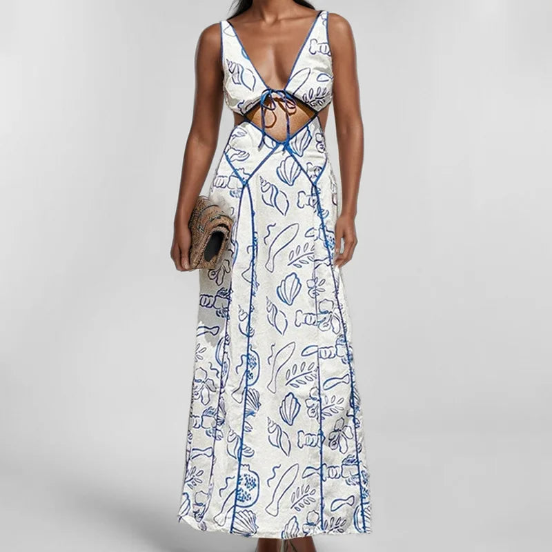 2025 New Summer Elegant Women Printed Maxi Dress Fashion Sexy Backless V-Neck Bandage Tank Dress Lady Party Sleeveless Vestidos