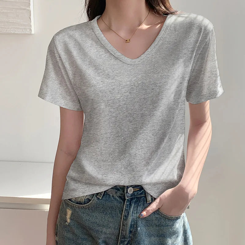 Breathable Soft V-Neck Loose-Fit Short-Sleeved T-Shirt for Women – Basic Layering Top, Versatile
