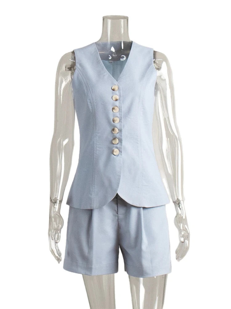 2025 Summer Fashion Two-piece Set Casual Cotton Linen Vest Shorts Set Women Single Breasted V-neck Tops High Waist Short Pants