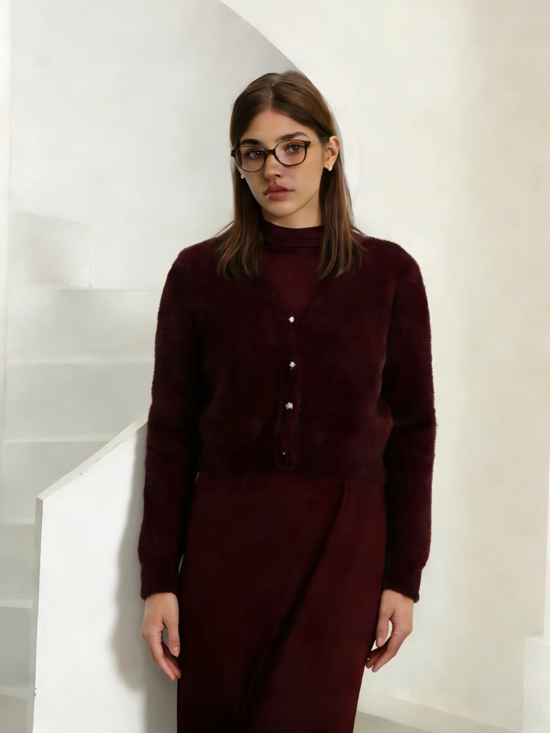 2026 Autumn Winter Women Wine Red Thick Warm Coat Long Sleeve V-neck Soft Fleece Jacket Precious Bright diamond button Warm Wear