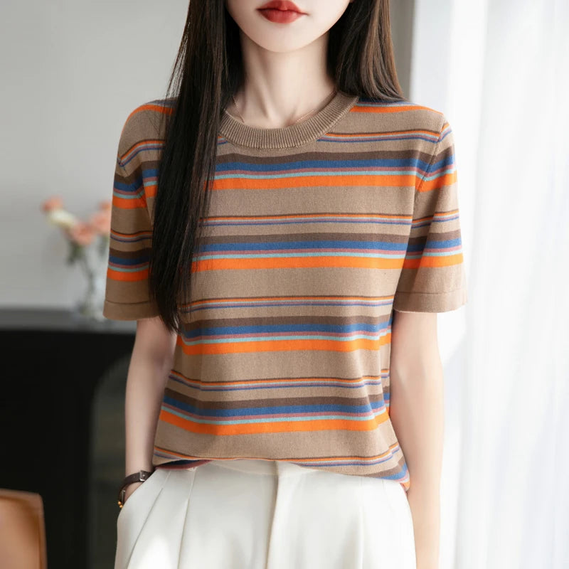 Women's summer new 100% pure cotton knitted short sleeved casual striped T-shirt loose round neck top fashionable pullover