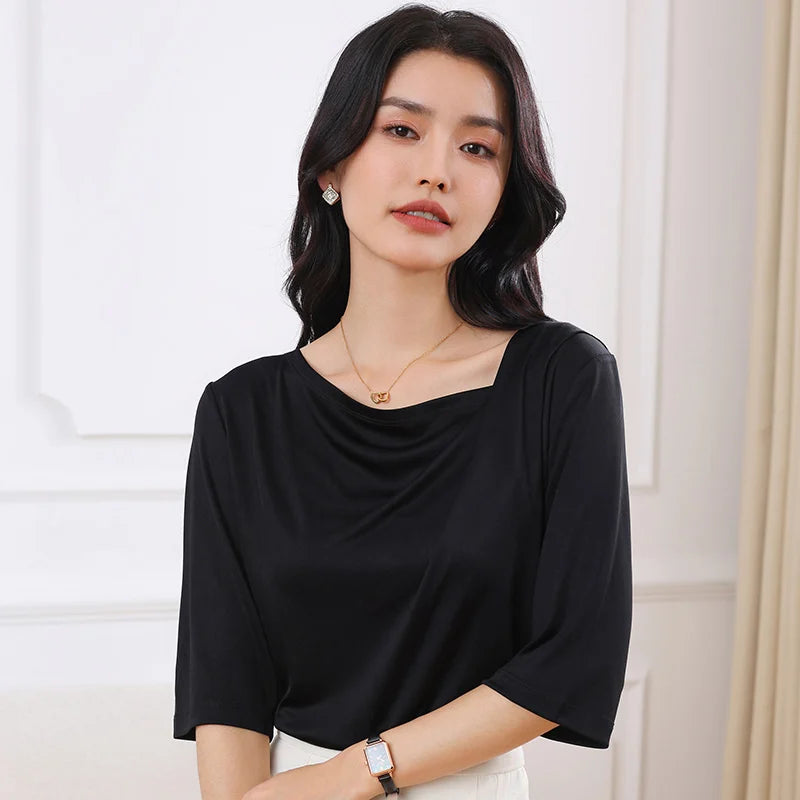 Summer Triacetate Women'S T-Shirt With Three-Quarter Sleeves Silky And Cool Short-Sleeved Asymmetrical Off-Shoulder Design