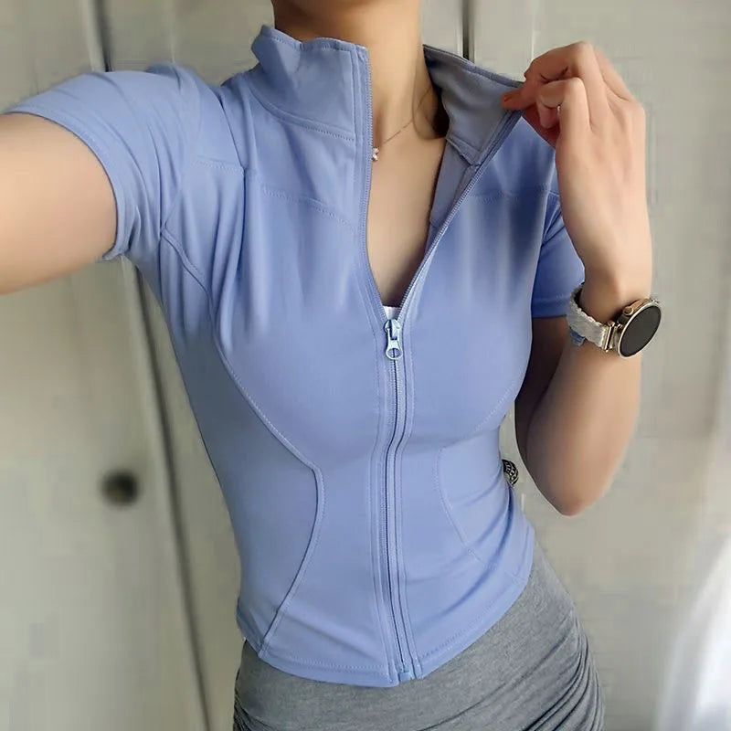 Women's Solid Color Slim T-Shirt Summer Quick-drying Stand Collar Zipper Short Sleeves Yoga Shirts Fashion Female Top
