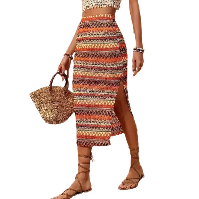 2025 Spring Summer Elegant Women Skirts Fashion Sexy Split Bodycon Long Slim High Waisted Skirt Female Retro Striped Skirt