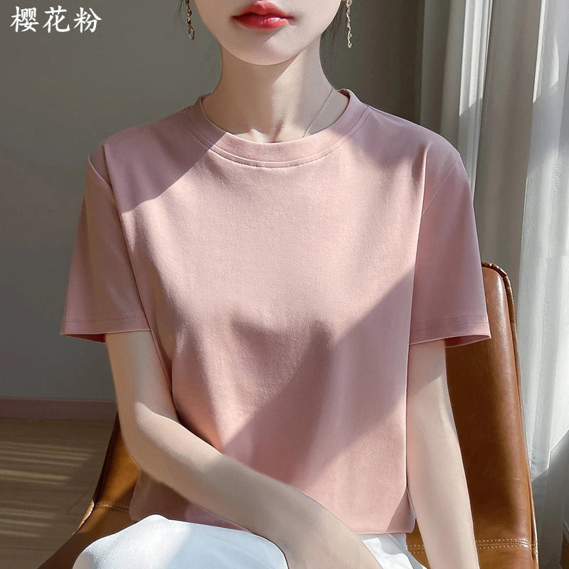 Summer Round Neck Cotton Short-Sleeved Women's T-Shirt Loose Pure Casual Top Mercerized Cotton Bottoming Shirt