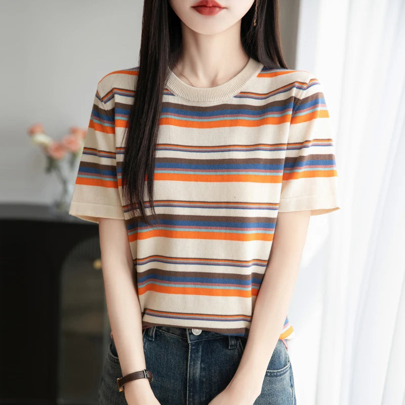 Women's summer new 100% pure cotton knitted short sleeved casual striped T-shirt loose round neck top fashionable pullover