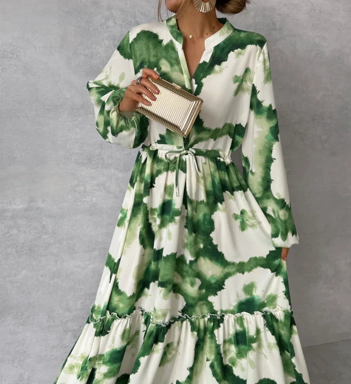 New Women Pile Up Sleeves A-Line Loose Long Dress Fashionable Green Floral print V Neck Casual Lace Up Dress Summer Wear