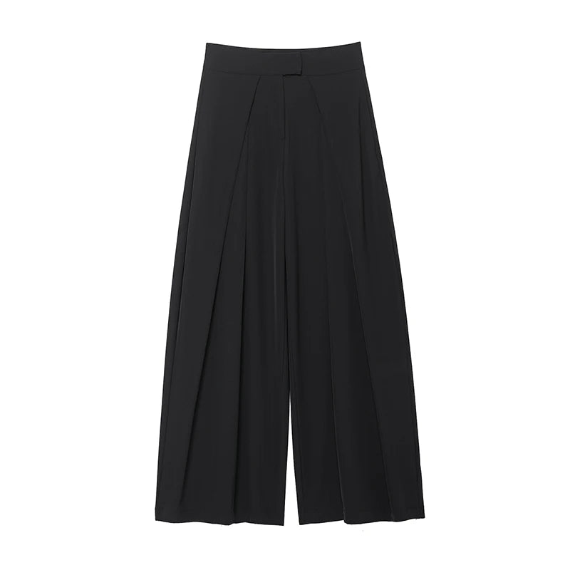 Willshela Women Fashion Black Front Zipper Pleated Wide Leg Pants Vintage Mid Waist Full Length Female Chic Lady Trousers