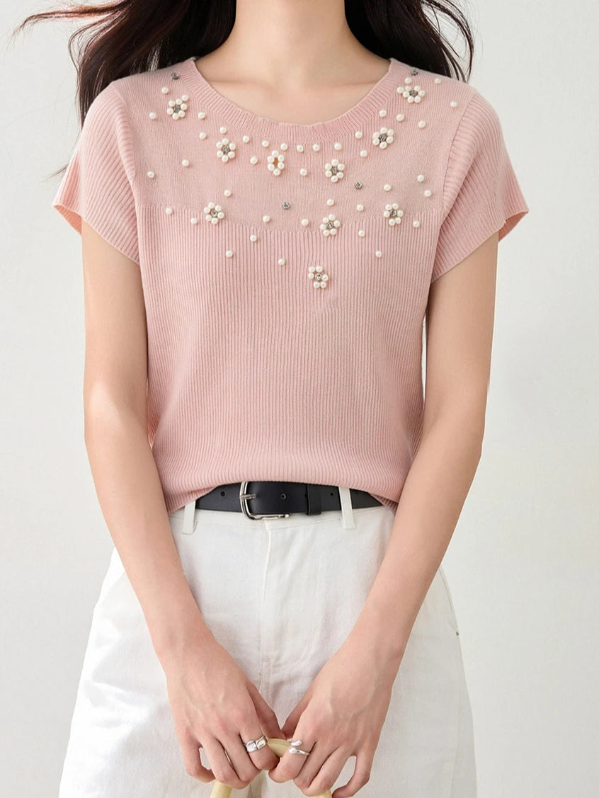 New Summer Pearl Flower Beaded Crew Neck Minimalist T-Shirt Women's Fashion Slim Fit Casual Short Sleeve Top
