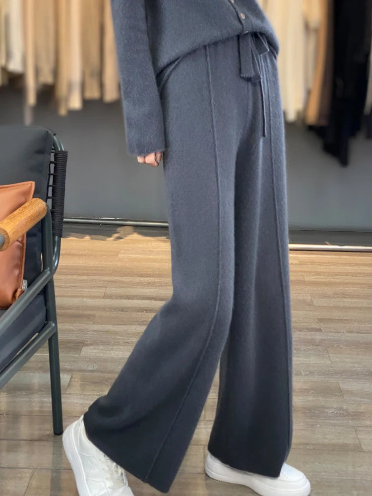 New Women Autumn Winter Wide-Leg Pants 100% Merino Wool High Waist Trousers High Quality Soft Casual Straight Leg Slacks Popular