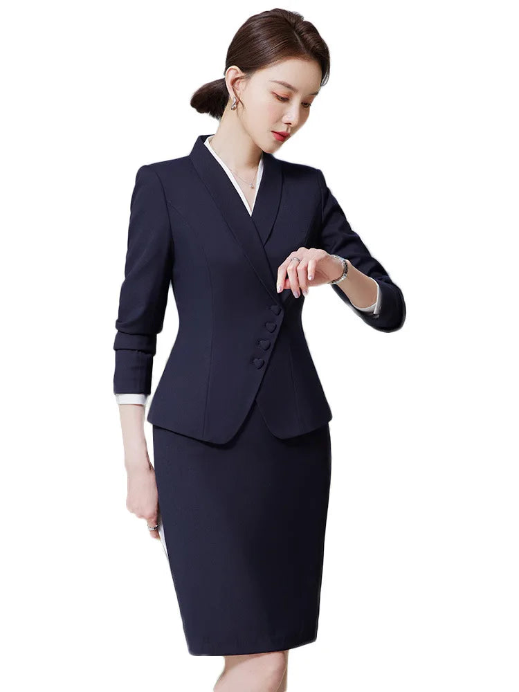 Office Business Women's Suit Pants Two-piece Set 2024 New Spring Autumn Long Sleeve Heart Button Jacket Slim Trousers Skirts