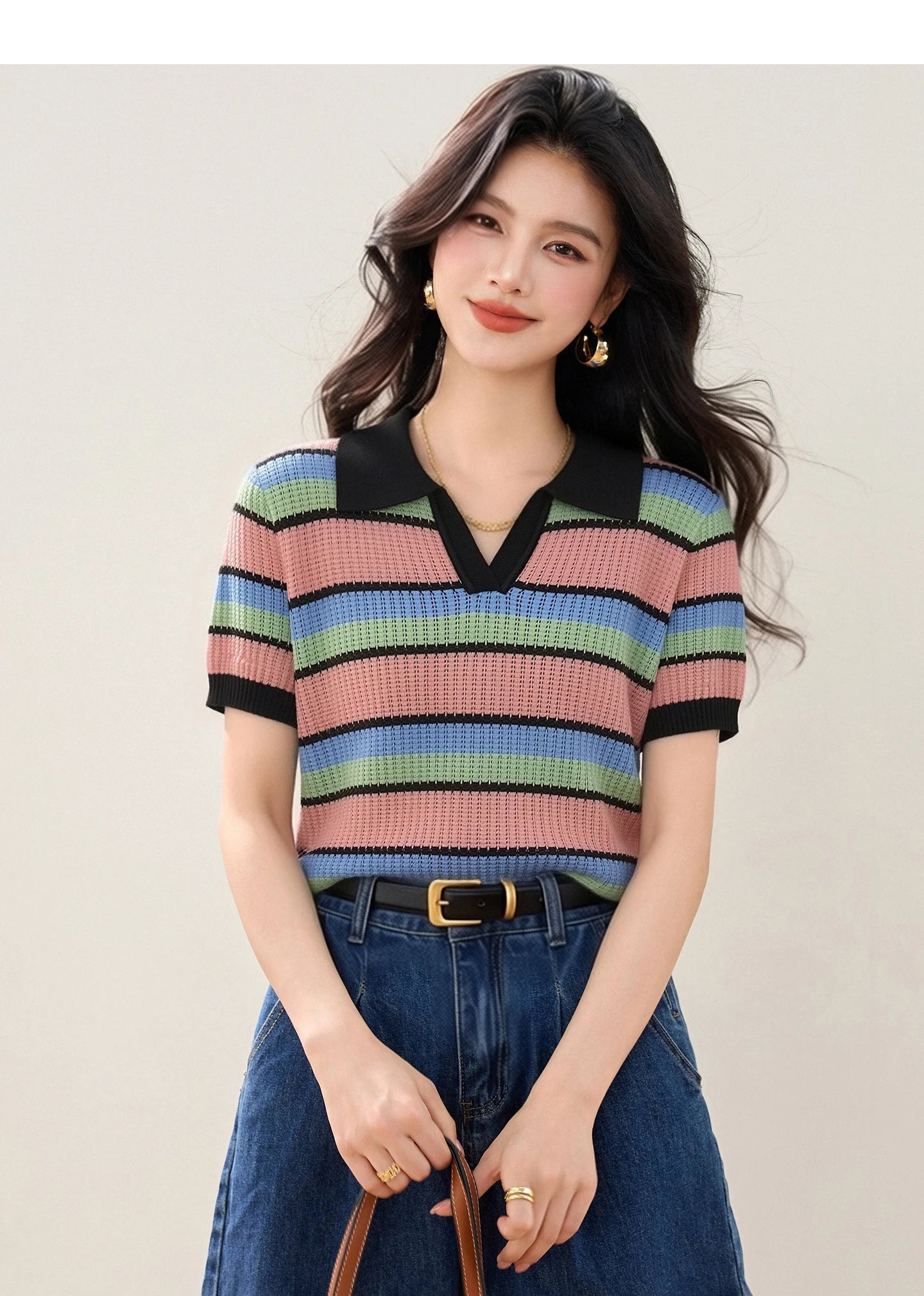 Color-block Striped V-neck Sweet Chic Cropped Top, Women's Fashion Casual Polo Shirt, Korean Style Trendy Casual Women's T-shirt
