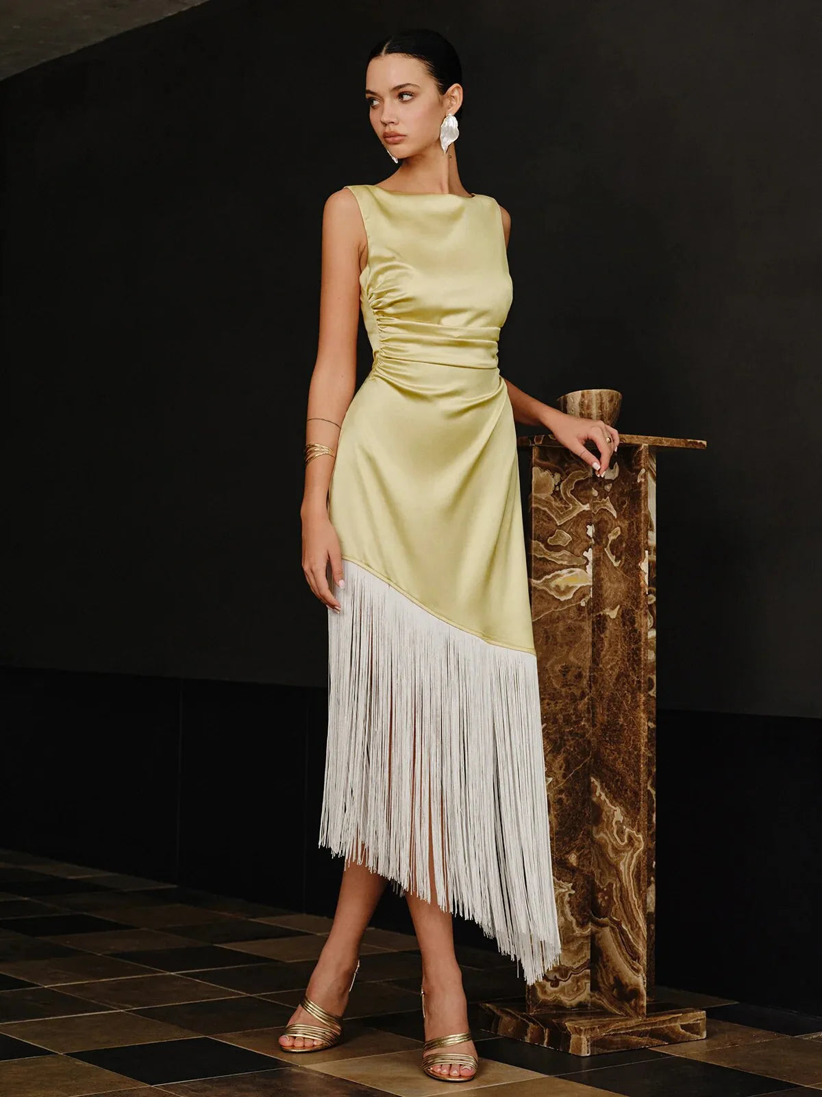 Spring Summer Fashion Elegant Women Temperament Long Dress Tassel Patchwork Backless Long Dress Off Shoulder Satin Party Dress