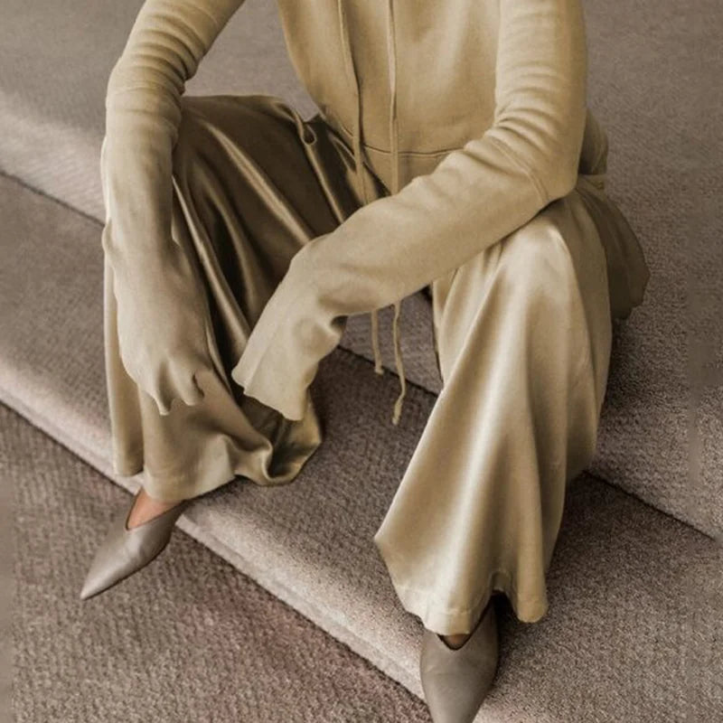 Lemongor Spring Autumn Drawstring Solid Color Long Sleeves Hooded Tops & High Waisted Wide Leg Pants Two Pieces Set For Women