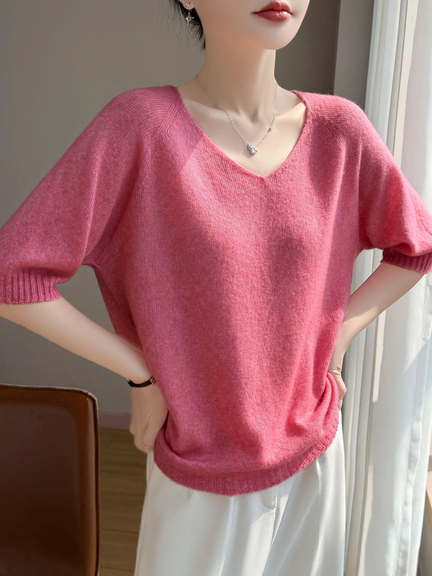 Basic Spring Summer Women's T-Shirts Wool Blend Female Knitwear Loose Pullover Cozy Blouse Half Sleeve Clothing Plus Size Tops
