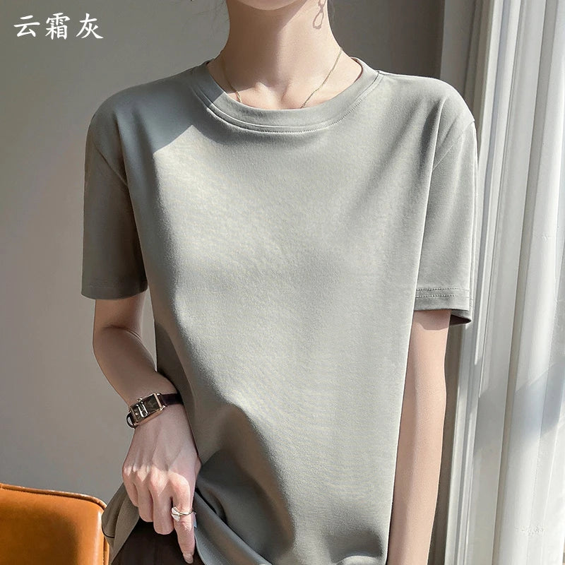 Summer Round Neck Cotton Short-Sleeved Women's T-Shirt Loose Pure Casual Top Mercerized Cotton Bottoming Shirt