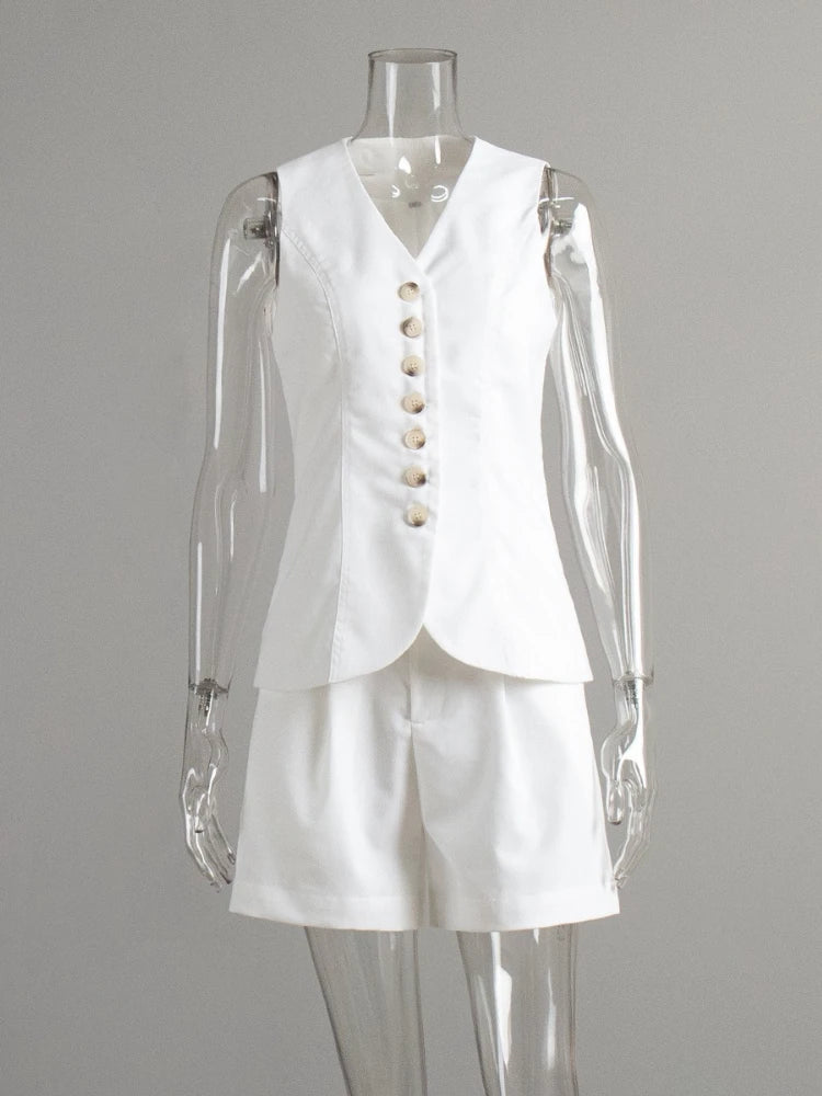 2025 Summer Fashion Two-piece Set Casual Cotton Linen Vest Shorts Set Women Single Breasted V-neck Tops High Waist Short Pants