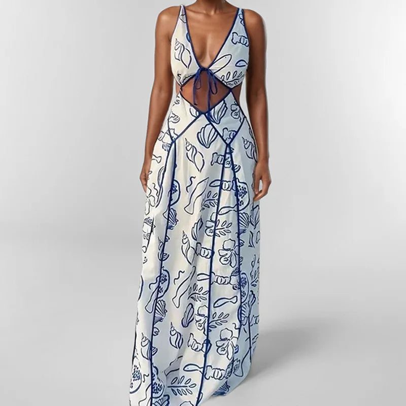 2025 New Summer Elegant Women Printed Maxi Dress Fashion Sexy Backless V-Neck Bandage Tank Dress Lady Party Sleeveless Vestidos