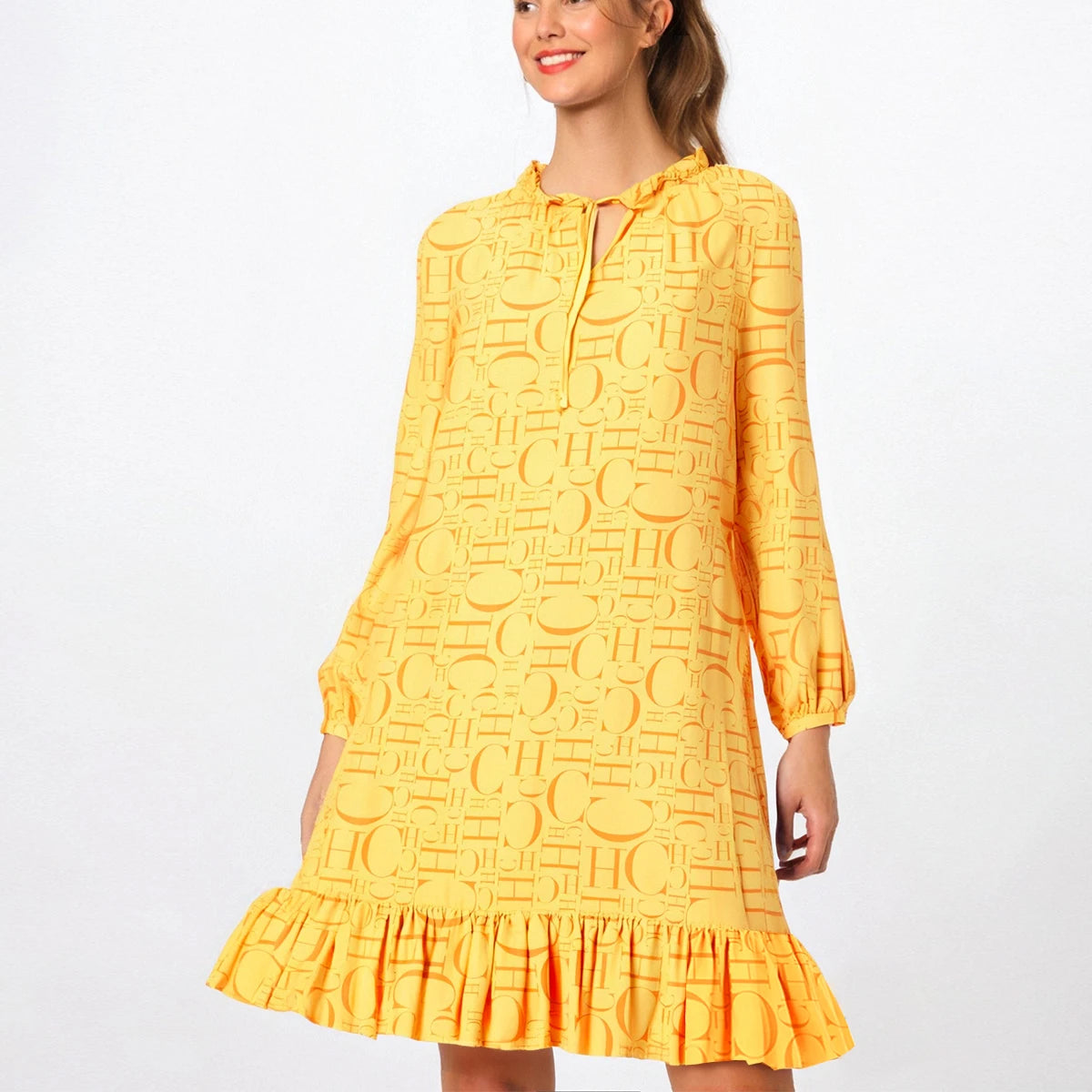 Chch Women's Dress 2025 Spring New Light Yellow Printed Long Sleeve Dress Loose Edition Dress
