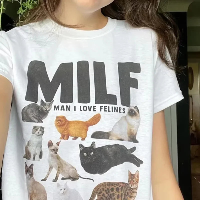 MILF Man I Love Felines Women Funny Meme T Shirt Casual Short Sleeve Cat Lover Tshirt Female
