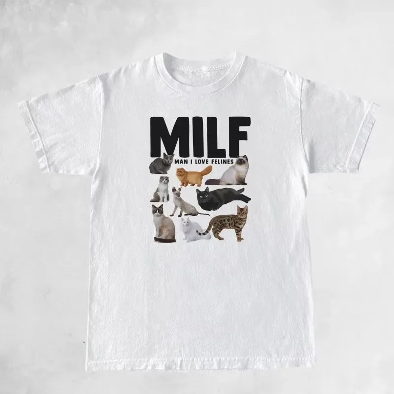 MILF Man I Love Felines Women Funny Meme T Shirt Casual Short Sleeve Cat Lover Tshirt Female