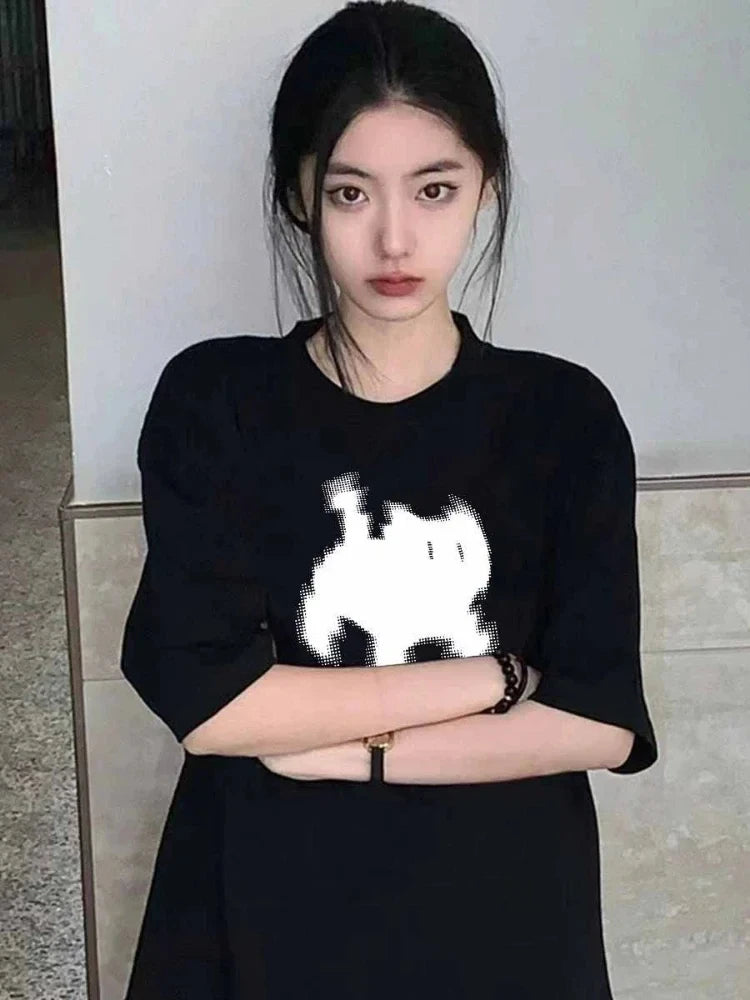 Korean Fashion Womens T-Shirts Black Cat Pixel Cartoons Printing Tops Comfortable Soft O-Neck Loose Short Sleeve Female Clothes